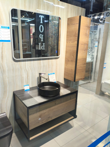 Тумба 900 1ящ подвес со столешницей HPL + Пенал Аттик древесный Steal JORNO