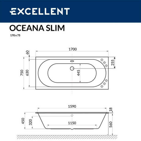 Oceana Slim Ванна акриловая 170*75 на каркасе, без с/п, белая EXCELLENT