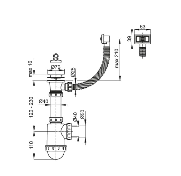 Сифон для мойки с нерж.реш.d70 с гофропереливом ALCAPLAST A444-DN50/40 