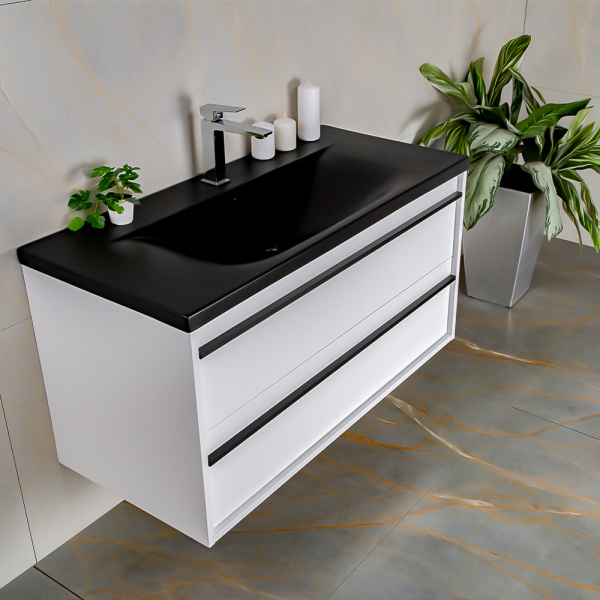 Тумба 1000 2ящ с черной ручкой эмаль Белый мат + раковина Черный мат ГРАФИКА AVS