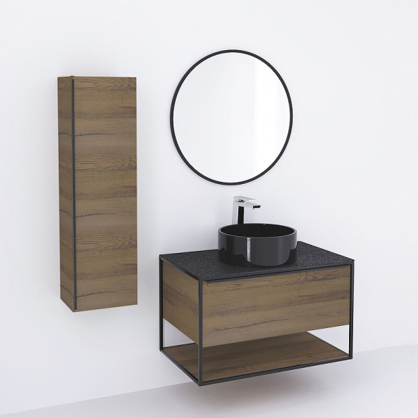 Тумба 900 1ящ подвес со столешницей HPL + Пенал Аттик древесный Steal JORNO