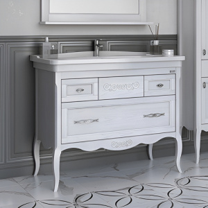 Тумба с раковиной ASB Wood Line Модерн 105 белая, патина серебро