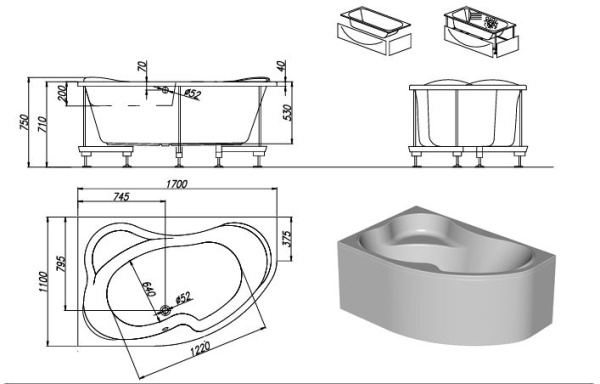 Акриловая ванна Kolpa-San Lulu 170х110 R белая, с каркасом и экраном