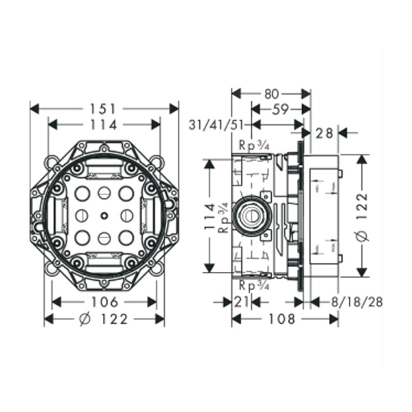 Запорный/переключающий вентиль с монтажной частью  iControl Pura Vida Hansgrohe 15777400+01800180